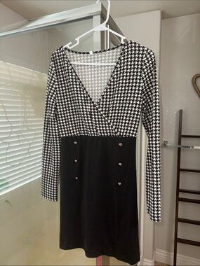Black & White Houndstooth Midi Dress with Button Detail